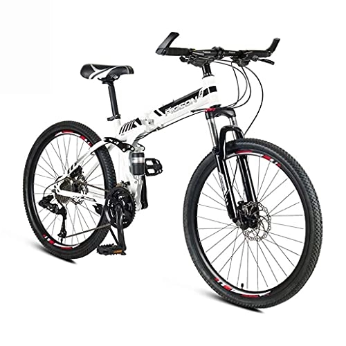 Folding Mountain Bike : Foldable Adult Mountain Bike， 24 / 26 Inch Wheels， High Carbon Steel Outroad Bicycles， 24-Speed Bicycle Full Suspension MTB Gears Dual Disc Brakes Mountain Bicycle (Color : White， Size : 24inch) feng