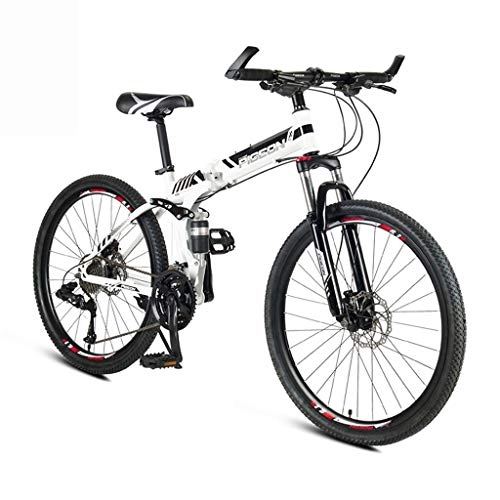 Folding Mountain Bike : Foldable Adult Mountain Bike, 24 / 26 Inch Wheels, High Carbon Steel Outroad Bicycles, 24-Speed Bicycle Full Suspension MTB Gears Dual Disc Brakes Mountain Bicycle ( Color : White , Size : 26inch )