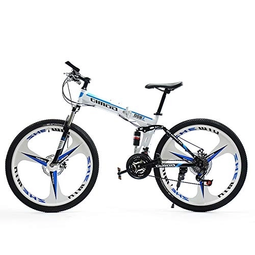 Folding Mountain Bike : Foldable Mountain Bike For Men And Women 24 / 26 Inch Variable Speed Adult Shock-absorbing Bicycle Double Disc Brake Soft Tail Carbon Steel Off-road City Cycling Travel, White-24inch-One-piecewheel
