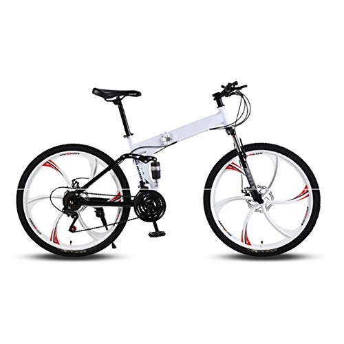 Folding Mountain Bike : Foldable Mountain Bike, High-carbon Steel Hardtail Mountain Bicycle, Six Cutter Wheel 26 inch / 21 / 24 / 27 Variable Speed Bicycle, Double Shock Absorption Road Racing, White, 26 inch 21 speed