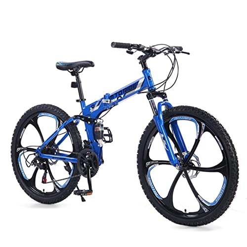Folding Mountain Bike : Foldable Mountain Bike Suspension High-Carbon Steel Bike，Mechanical Dual Disc-Brakes Shock-absorbing Shifting MTB Bicycle，21 Speeds，6-Spokes 26 Inch Wheels，for Adult blue