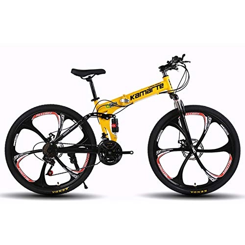Folding Mountain Bike : Foldable Sports MountainBike MTB Bicycle with 6 Cutter Wheel, Bicycle for Men and Women Full Suspension MTB, Foldable Bicycle for Men and Women suitable for the Outdoor Cycle-yellow-24inch27speed