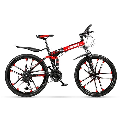 Folding Mountain Bike : Folding Bikes, 21-stage / 24-stage / 27-stage / 30-stage shifting syste, 10 Cutter Wheel, Red, 21-stage shift