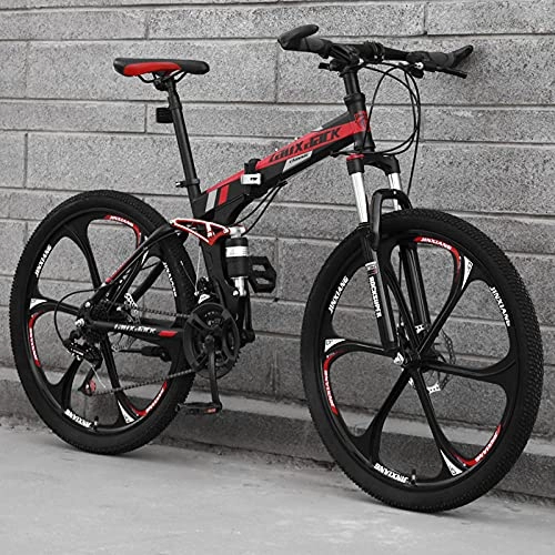 Folding Mountain Bike : Folding Bikes, High-Carbon Steel Frame For Adult Variable-Speted Mountain Bike Road Bikes, Mens / Womens Light Bikes And Youth Road Racing, 26-Inch Wheels-One Round Six Knife Black Red_24-Speed