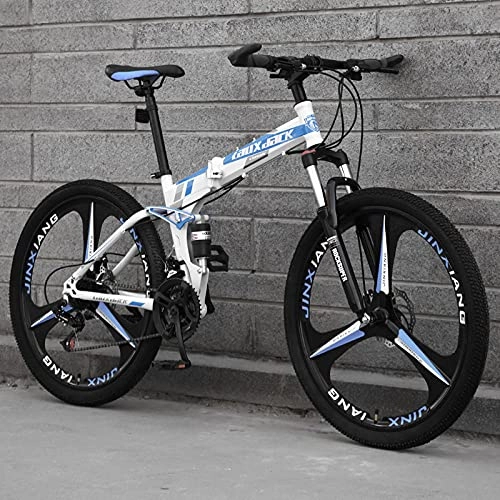 Folding Mountain Bike : Folding Bikes, High-Carbon Steel Frame For Adult Variable-Speted Mountain Bike Road Bikes, Mens / Womens Light Bikes And Youth Road Racing, 26-Inch Wheels-One Round Three Knife White Blue_21St Speed