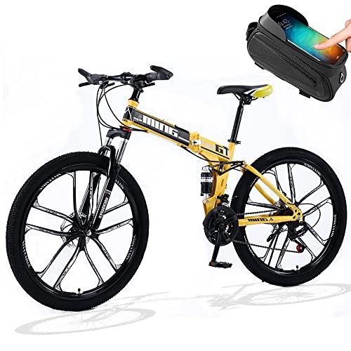 Folding Mountain Bike : Folding Mountain Bike 21 / 24 / 27 Speed Full Suspension Bicycle 26 inch MTB Disc Brakes Dual Anti-Slip Wear-Resistant Tyres Thickened high carbon steel for Men or Women Free Bike Bag