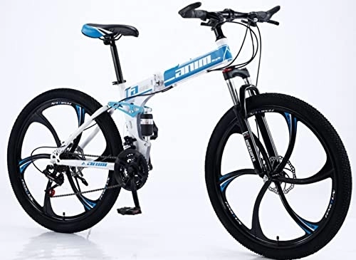 Folding Mountain Bike : Folding Mountain Bike, 21 Speed Bicycle Adult Mountain Trail Bike, High-Carbon Steel Frame Dual Full Suspension Dual Disc Brake, for Students and Urban Commuters Blue, 26 inches