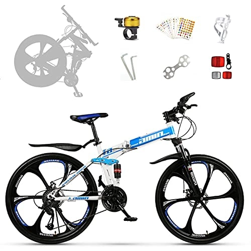 Folding Mountain Bike : Folding Mountain Bike, 24 / 26 Inch Wheels 21 Speed Bicycle full Suspension MTB ​​Gears Dual Disc Brakes Aluminum Alloy Big Wheels Mountain Bicycle-Blue||24