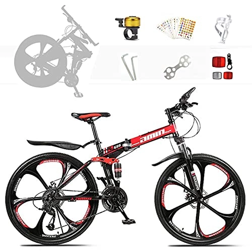 Folding Mountain Bike : Folding Mountain Bike, 24 / 26 Inch Wheels 21 Speed Bicycle full Suspension MTB ​​Gears Dual Disc Brakes Aluminum Alloy Big Wheels Mountain Bicycle-Red||26