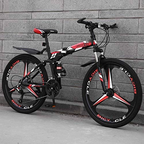 Folding Mountain Bike : Folding Mountain Bike, 24-Inch 3-Spoke Wheel Off-Road Racing Bicycle, High Carbon Steel Frame, Double Disc Brake, Men And Women, Red-21 speed