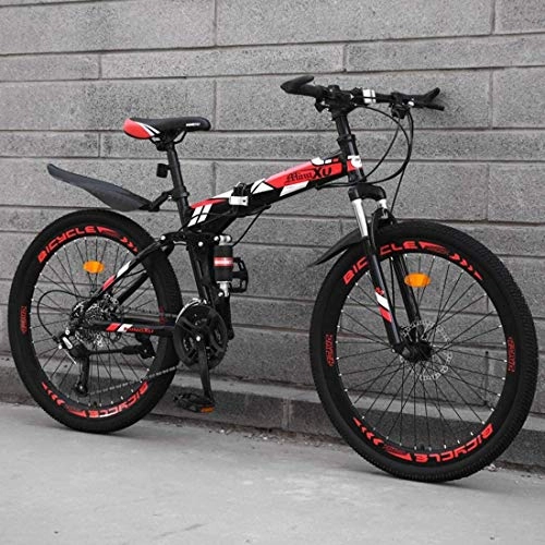 Folding Mountain Bike : Folding Mountain Bike, 24-Inch Off-Road Variable Speed Racing, Adult Off-Road Bicycle, High Carbon Steel Frame, Double Disc Brake, Hard Tail Frame, Red-21 speed
