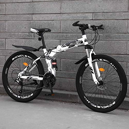 Folding Mountain Bike : Folding Mountain Bike, 24-Inch Off-Road Variable Speed Racing, Adult Off-Road Bicycle, High Carbon Steel Frame, Double Disc Brake, Hard Tail Frame, White-27 speed