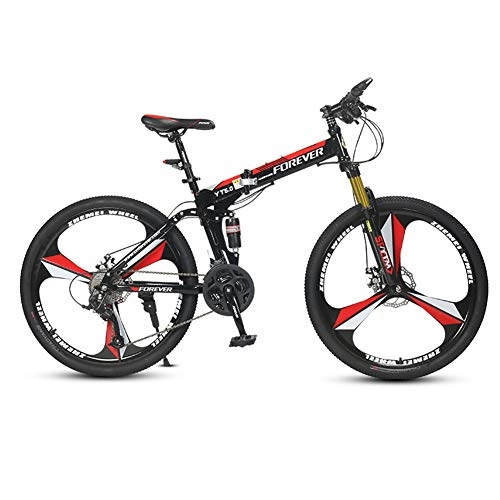 Folding Mountain Bike : Folding Mountain Bike, 26" 21 Speed Front And Rear Double Suspension Bicycle High Carbon Steel Frame Kickstand with Double Disc Hydraulic Brake, C