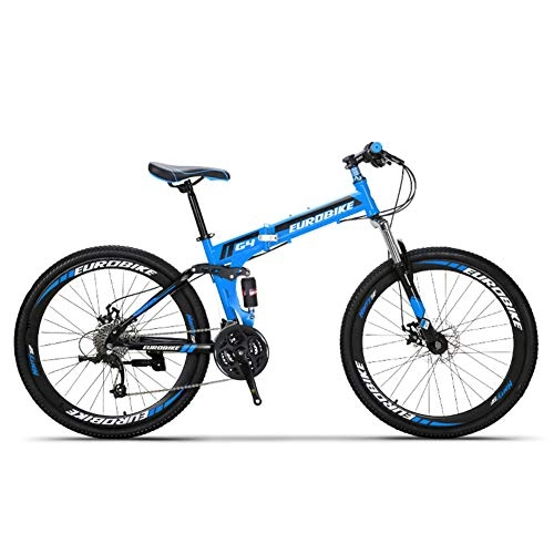 Folding Mountain Bike : Folding Mountain Bike, 26" Front And Rear Mechanical Disc Brakes High Carbon Steel Frame Bicycle 27 Speed Double Suspension Shock Absorber Student Off Road Bicycle, Blue
