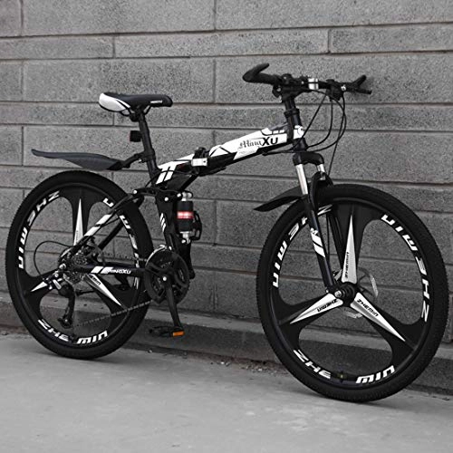 Folding Mountain Bike : Folding Mountain Bike, 26-Inch 3-Spoke Wheel Off-Road Bicycle, Road Racing, High Carbon Steel Frame, Double Disc Brake, Hard Tail Frame, PC Pedal, Black, 24 speed