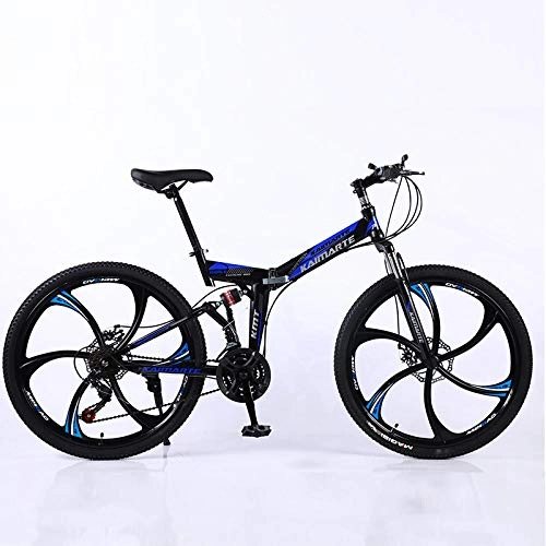 Folding Mountain Bike : Folding Mountain Bike 26-inch Bike Double Disc Brake High Shock Absorption Full Suspension Men's and Women's Hard Tail Outdoor Travel Mountain Bike-Blue and black 6 knife wheels_26 inch 21 speed