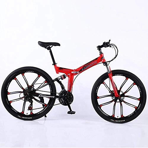 Folding Mountain Bike : Folding Mountain Bike 26-inch Bike Double Disc Brake High Shock Absorption Full Suspension Men's and Women's Hard Tail Outdoor Travel Mountain Bike-Red and black 10 knife wheels_26 inch 21 speed