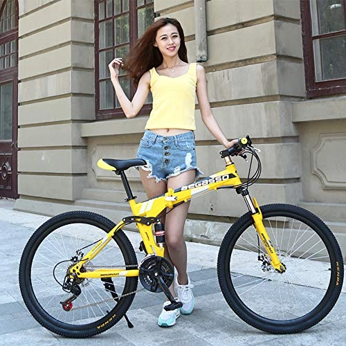 Folding Mountain Bike : Folding Mountain Bike 26 Inch Integrated Wheel Speed Mountain Bike, Yellow / Gray / Red, Adult Student Mountain Bicycle