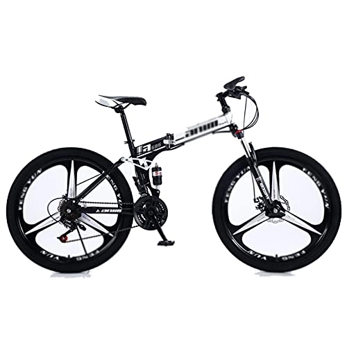 Folding Mountain Bike : Folding Mountain Bike, 26-Inch Wheels, 21 / 24 / 27 / 30 Speed, Full Suspension Double Disc Brakes, High Carbon Steel Frame, Professional MTB, Multiple Colors black white-24speed