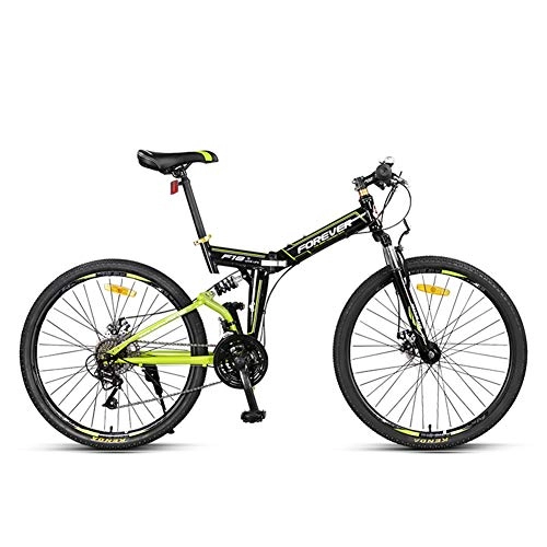Folding Mountain Bike : Folding Mountain Bike, 26" Portable Double Disc Brake High Carbon Steel Bicycle 24 Speed Front And Rear Double Shock Absorbing Cross Country Mountain Bike Unisex, Green