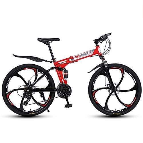 Folding Mountain Bike : Folding Mountain Bike 26in 27 Speed Bicycle, High Carbon Steel Fram Full Suspension MTB Bikes, Red