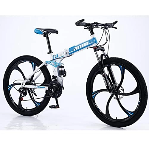 Folding Mountain Bike : Folding Mountain Bike 6-Spoke 21 / 24 / 27-Speed 26-inch Wheel Double Disc Brake Full Suspension Anti-Slip For Men And Women, MTB Bike(Size:21speed, Color:blue)