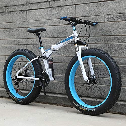 Folding Mountain Bike : Folding Mountain Bike, Adult 21 Speed Variable Speed Fat Tire Bike, Double Disc Brake Full Suspension MTB Beach Snowmobile Bicycle White 20