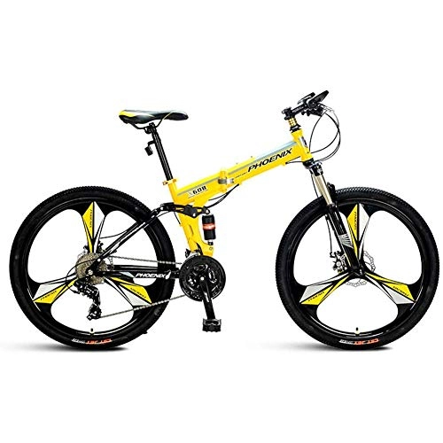 Folding Mountain Bike : Folding Mountain Bike, Adult Mountain Trail Bike 24 / 26 Inch Wheels 24 Speed Bicycle Full Suspension MTB Gears Dual Disc Brakes Aluminum Alloy Big Wheels Mountain Bicycle-Yellow_24inch
