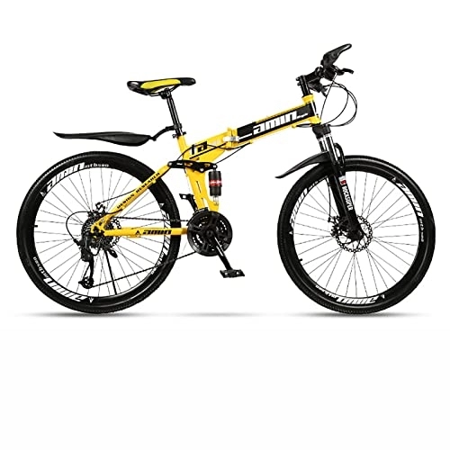 Folding Mountain Bike : Folding Mountain Bike Bicycle 26 Inch Adult with 21 / 24 / 27 / 30 Speed Dual Disc Brakes Full Suspension Non-Slip Men Women Outdoor Cycling, Yellow, 24 Speed