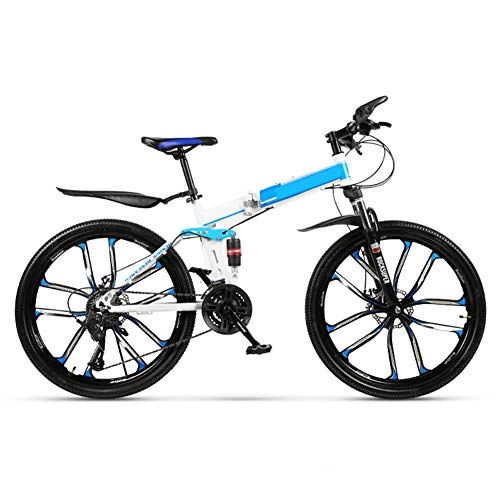 Folding Mountain Bike : Folding Mountain Bike Bicycle, Variable Speed, High Carbon Steel Frame, Non-Slip, Double Shock, Male And Female Off-Road Racing Bicycle, Blue, 27speed