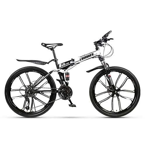 Folding Mountain Bike : Folding Mountain Bike, Bike for Adults and Youth, Hydraulic Disc-Brake, Lock-Out Suspension Fork, Aluminum Frame, with Adjustable Seat Tube Height, White