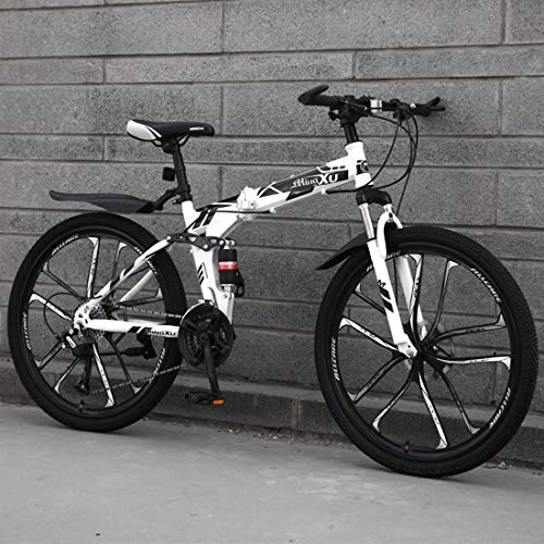 Folding Mountain Bike : Folding Mountain Bike for Adult, 26-Inch 10-Spoke Wheel Bicycle, Hard Tail High Carbon Steel Frame, Double Disc Brake, Spring Front Fork, White, 27 speed
