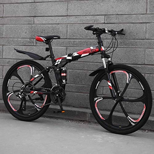 Folding Mountain Bike : Folding Mountain Bike for Adult, 26-Inch 6-Spoke Wheel Bicycle, Hard Tail Carbon Steel Frame, Bold Suspension Fork, Double Disc Brake, Red-24 speed