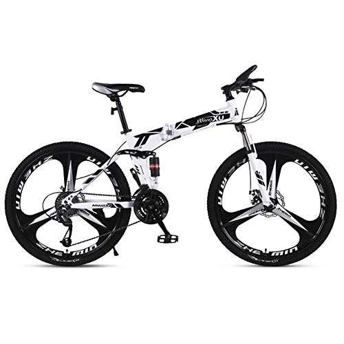 Folding Mountain Bike : Folding Mountain Bike for Adults, Mountain Trail Bike High Carbon Steel Outroad Bicycles, 21-Speed Bicycle Full Suspension MTB ​​Gears Dual Disc Brakes-Black flower-3 spokes_24 inches