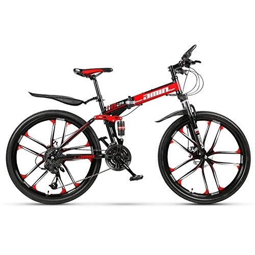 Folding Mountain Bike : Folding Mountain Bike, Full Suspension MTB Foldable Frame 26" 10 Spoke Wheels, High Carbon Steel Adult Bike, Disc Brake, Red, 21 Speed