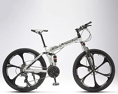 Folding Mountain Bike : Folding Mountain Bike, Male And Female Middle School Students, Shocking Off-Road, Shocking Bicycle-Six Knife Wheel - Black And White_21 Speed 26 Inch，Lightweight Alloy