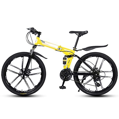 Folding Mountain Bike : Folding Mountain Bikes 26 Inch 10 Cutter Wheels Men Women General Purpose All Terrain Adult Quick Foldable Bicycle High Carbon Steel Frame Variable Speed Double Shock Absorption, Yellow, 24 Speed