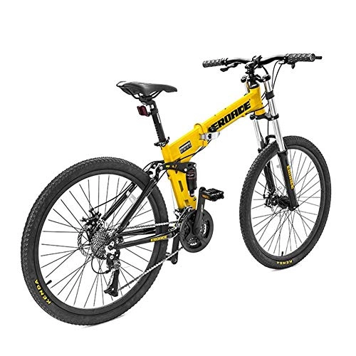 Folding Mountain Bike : Folding Mountain Bikes 26 Inch 27 Speed for Adults Men Women, All Terrain Hardtail Mountain Bicycle with Aluminum Alloy Frame & Full Suspension & Dual Disc Brake, Yellow