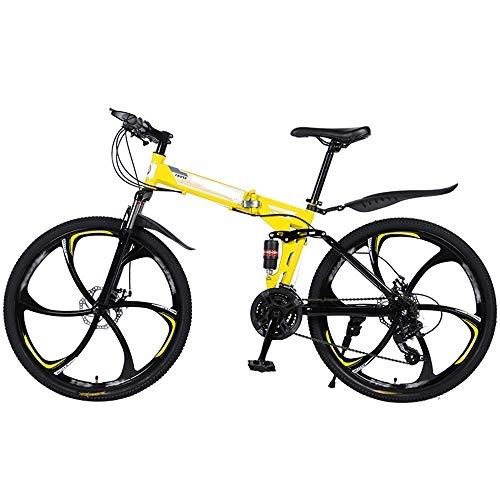Folding Mountain Bike : Folding Mountain Bikes 26 Inch 6 Cutter Wheels Men Women General Purpose All Terrain Adult Quick Foldable Bicycle High Carbon Steel Frame Variable Speed Double Shock Absorption, Yellow, 27 Speed