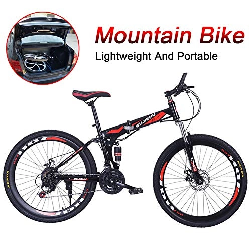 Folding Mountain Bike : Full Suspension Folding Mountain Bike 26 Inch Wheels High Carbon Steel Frame Dual Disc Brakes Bicycle With Adjustable Seat Outdoor Cycling Fitness Equipment ( Color : Black red , Size : 26inch )