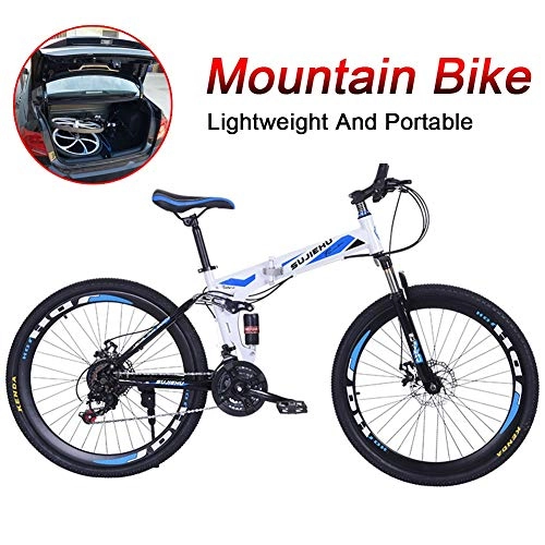 Folding Mountain Bike : Full Suspension Folding Mountain Bike 26 Inch Wheels High Carbon Steel Frame Dual Disc Brakes Bicycle With Adjustable Seat Outdoor Cycling Fitness Equipment ( Color : White blue , Size : 26inch )