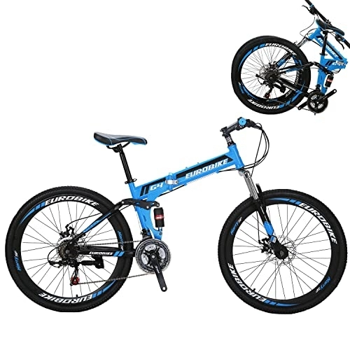 Folding Mountain Bike : Full Suspension Mountain Bike 21 Speed Folding Bicycle 26 inch Men or Women for Afult 17inch Frame (Blue)