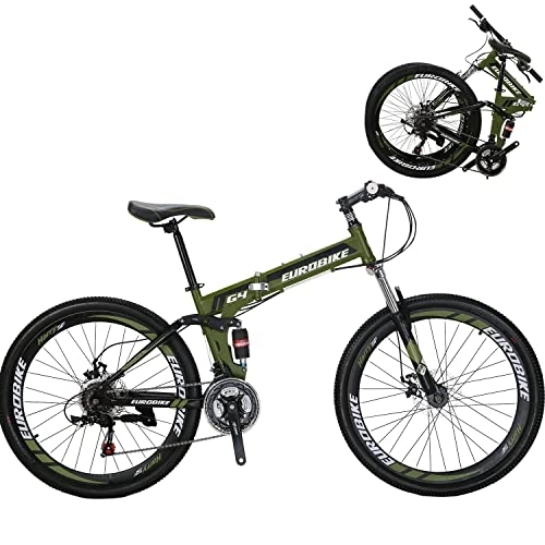 Folding Mountain Bike : Full Suspension Mountain Bike 21 Speed Folding Bicycle 26 inch Men or Women for Afult 17inch Frame (Green)