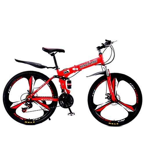 Folding Mountain Bike : FuLov 21 / 24 / 27 Speed Mountain Bike, 24Inch Three Knife Wheels Folding Outroad Bicycles, Dual Disc Brake And Full Suspension MTB, Red, 21speed
