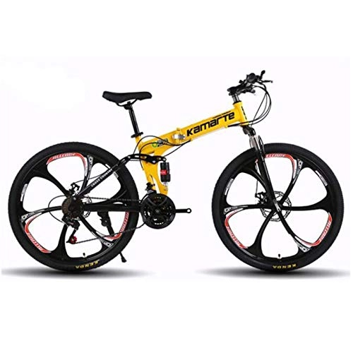 Folding Mountain Bike : Gaoyanhang 24 / 26 inch Folding bicycle, damping dual disc brakes, 21 / 24 / 27 speed carbon steel men and women sports bike mountain bike (Color : Yellow, Size : 26 inch 21 s)