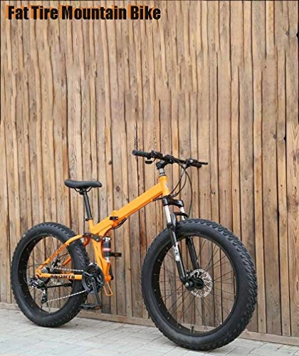 Folding Mountain Bike : GASLIKE Fat Tire Mens Folding Mountain Bike, 17-Inch Double Disc Brake / High-Carbon Steel Frame Bikes, 7-Speed, 24-26 inch Wheels, Off-Road Beach Snowmobile Bicycle, Orange, 26inch