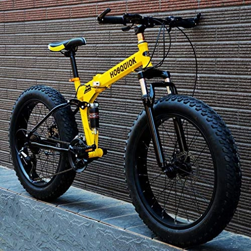 Folding Mountain Bike : GASLIKE Fat Tire Mens Mountain Bike, Double Disc Brake / High-Carbon Steel Frame Cruiser Bikes, 7 Speed Beach Snowmobile Bicycle, Aluminum Alloy Wheels, Yellow, 26 inches