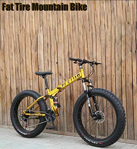 Folding Mountain Bike : GASLIKE Folding 17-Inch Fat Tire Mens Mountain Bike, Double Disc Brake / High-Carbon Steel Frame Bikes, 7-27 Speed, Snowmobile Bicycle 26 inch Wheels, Yellow, 21 speed