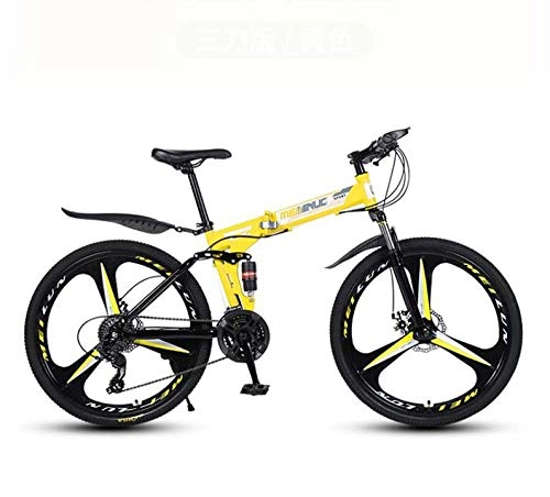 Folding Mountain Bike : GASLIKE Mountain Bike for Adults, Folding Bicycle High Carbon Steel Frame, Full Suspension MTB Bikes, Double Disc Brake, PVC Pedals, Yellow, 26 inch 24 speed