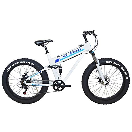 Folding Mountain Bike : GD30Z 26"*4.0 Fat Tire Electric Mountain Bicycle, 350W / 500W Motor, 7 Speed Snow Bike, Front & Rear Suspension (White, 500W 14Ah + 1 Spare Battrey)
